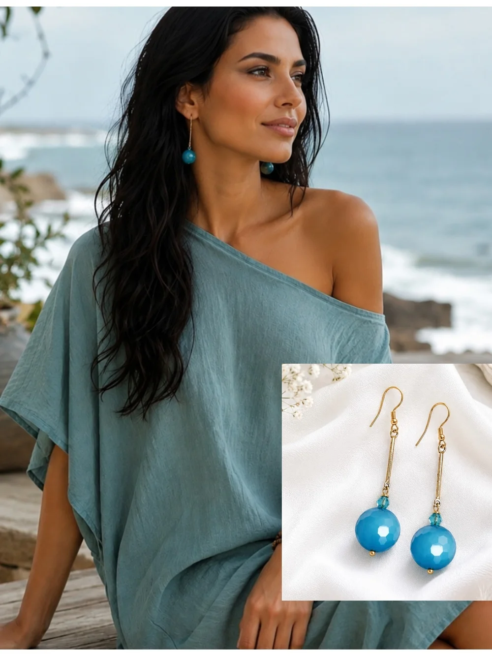 Gold-Tone Drop Earrings with Turquoise Beads - Women Jewelry